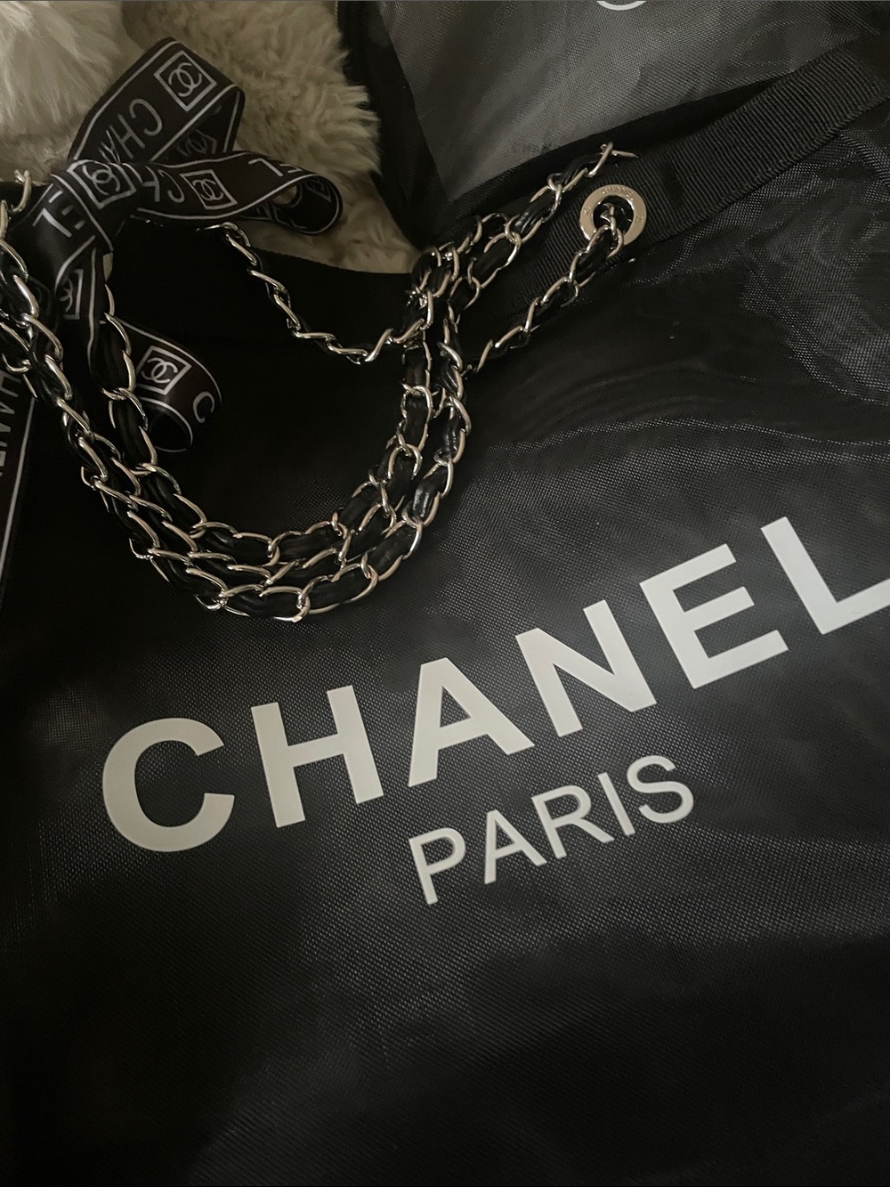 CHANEL Black Canvas & Chain-Handle Tote with Makeup Bag
